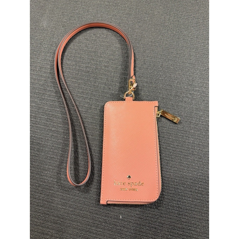 Kate Spade Madison ID window Card Case Leather Lanyard Terracotta Coral Pink NWT
